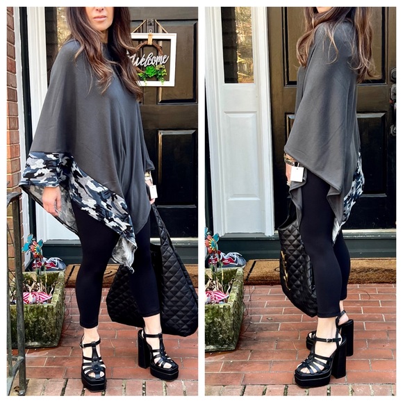 07 Boho Chic Stylish Camo Trim Poncho - Picture 1 of 10